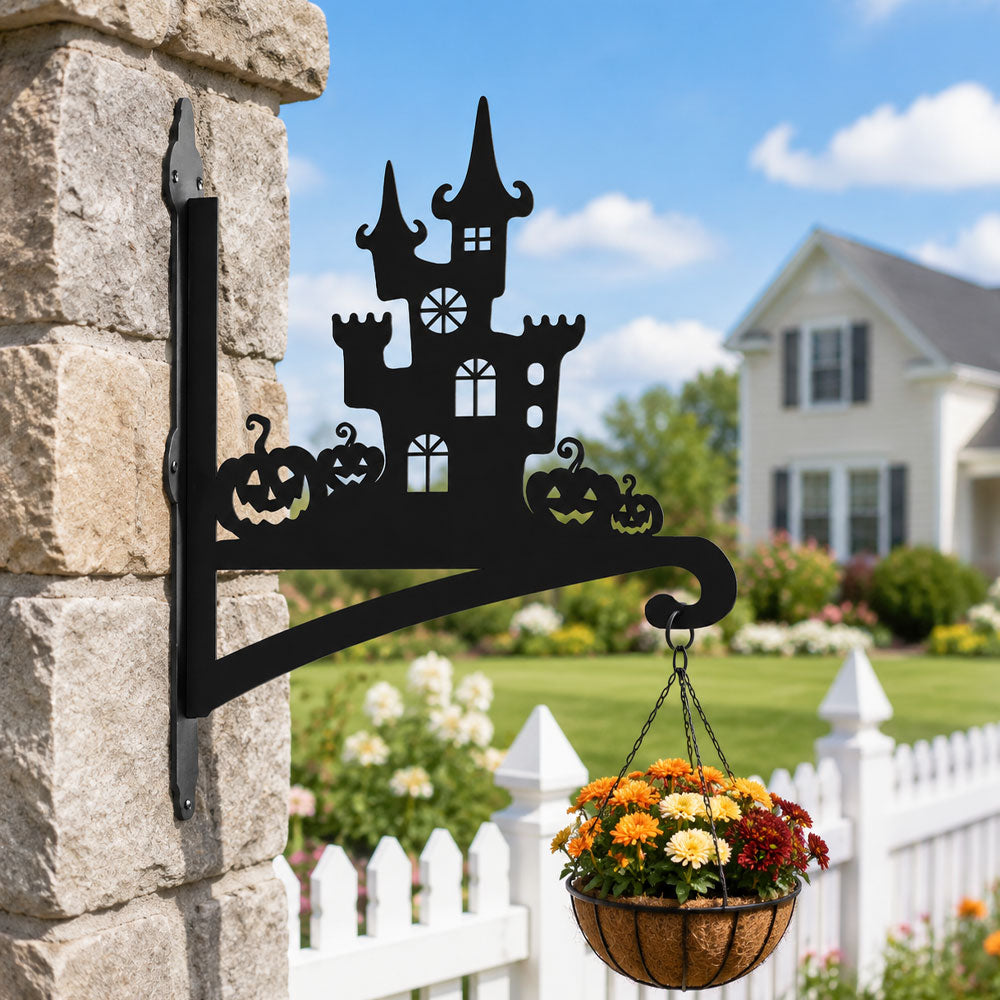 Haunted castle and pumpkins metal hanging basket bracket mounted on outdoor wall for plant decoration