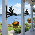 Haunted castle and pumpkins metal hanging basket bracket mounted on outdoor wall for plant decoration