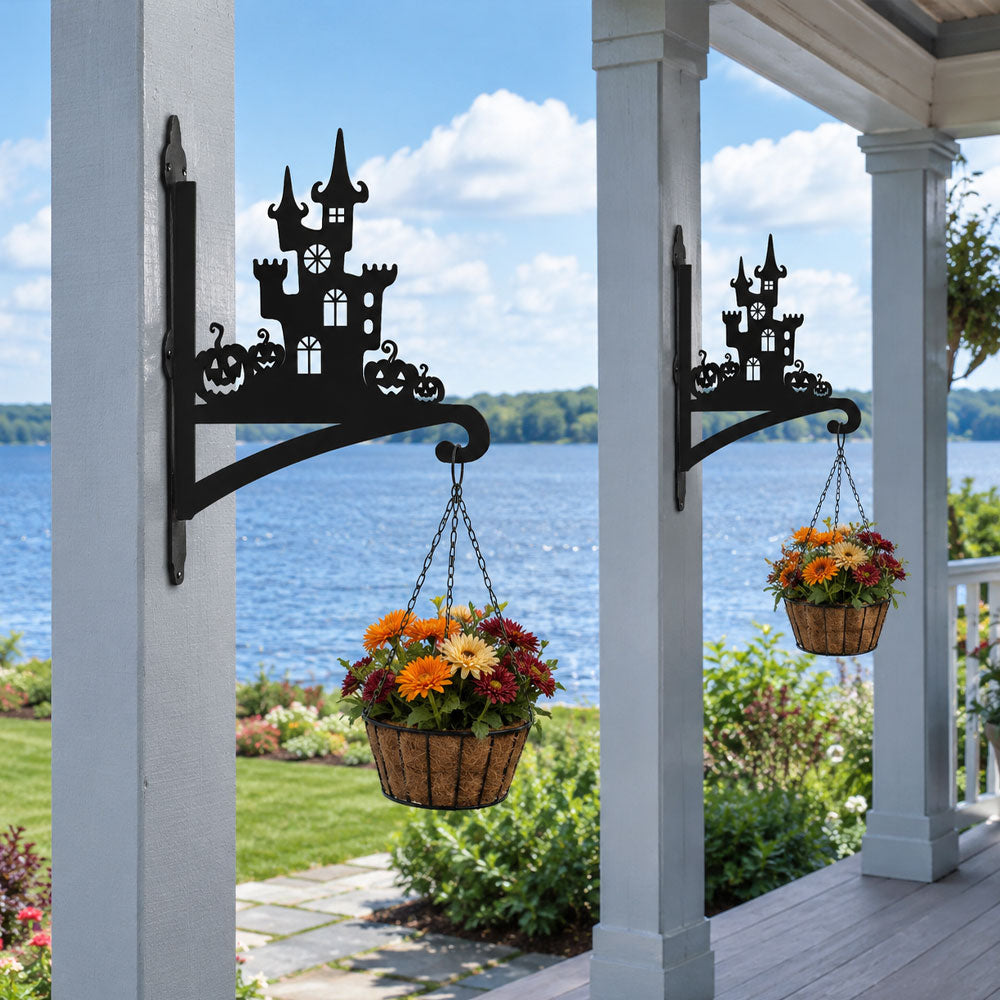 Haunted castle and pumpkins metal hanging basket bracket mounted on outdoor wall for plant decoration