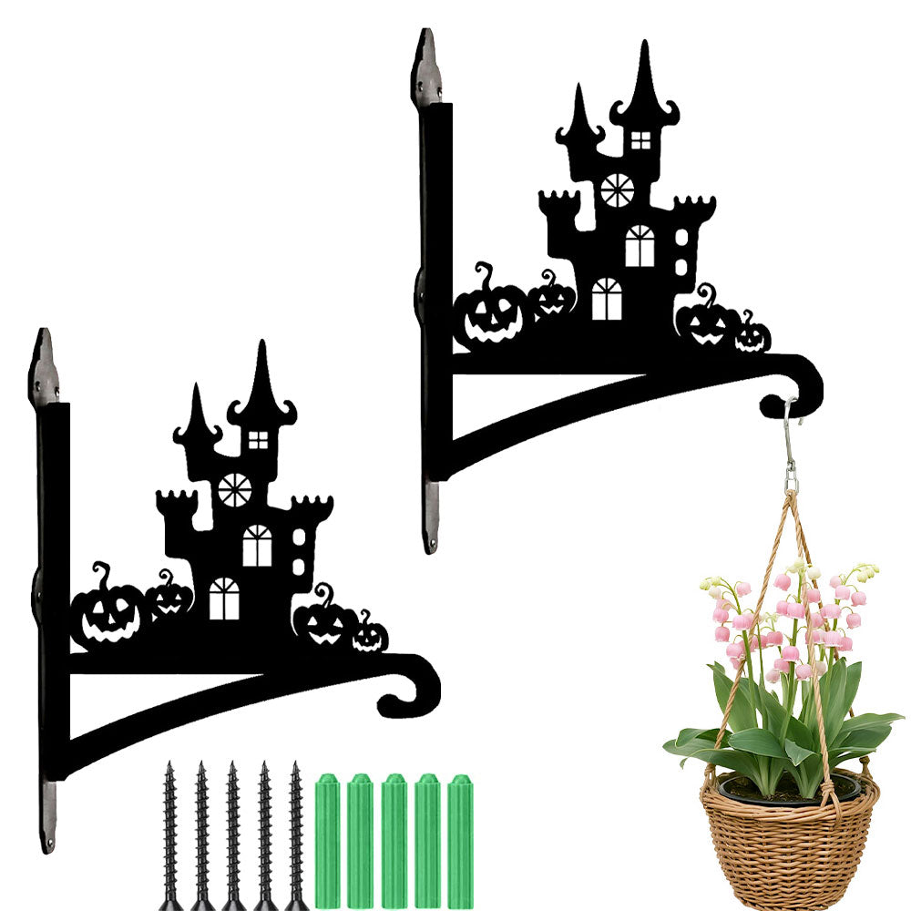 Haunted castle and pumpkins metal hanging basket bracket mounted on outdoor wall for plant decoration