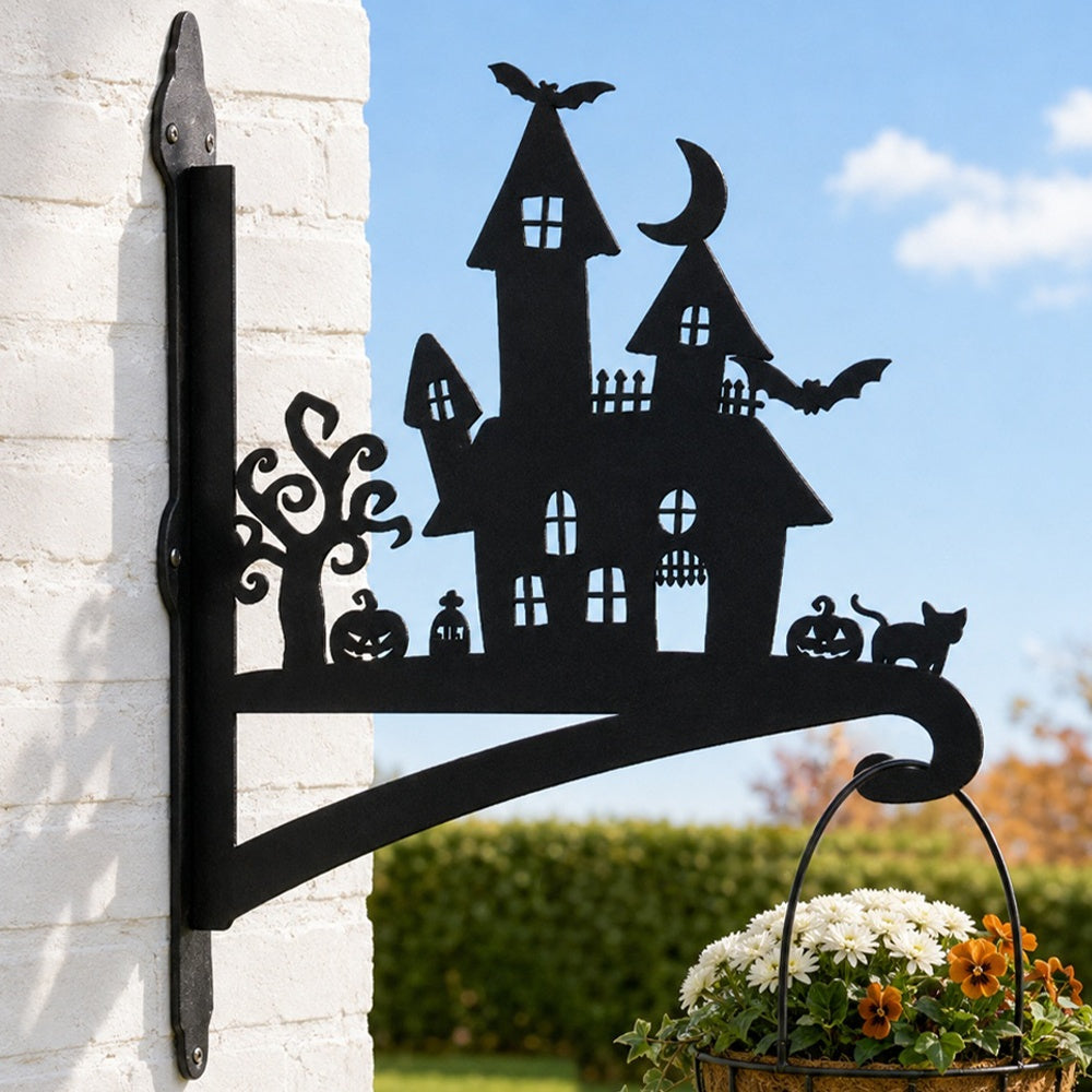 Haunted castle metal hanging basket bracket mounted on outdoor wall for plant decoration