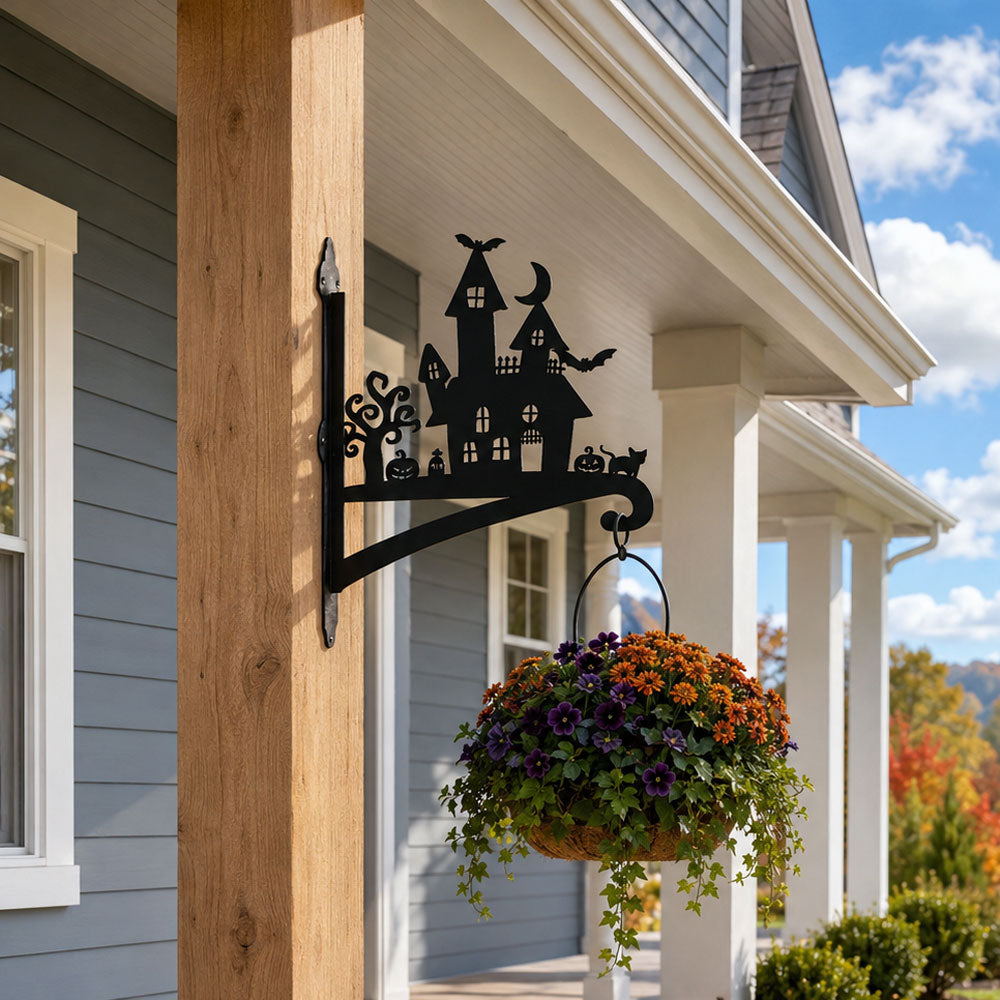 Haunted castle metal hanging basket bracket mounted on outdoor wall for plant decoration