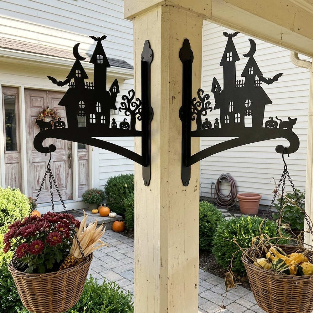 Haunted castle metal hanging basket bracket mounted on outdoor wall for plant decoration