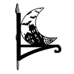 Haunted house and crescent moon metal hanging basket bracket mounted on outdoor wall for plant decoration