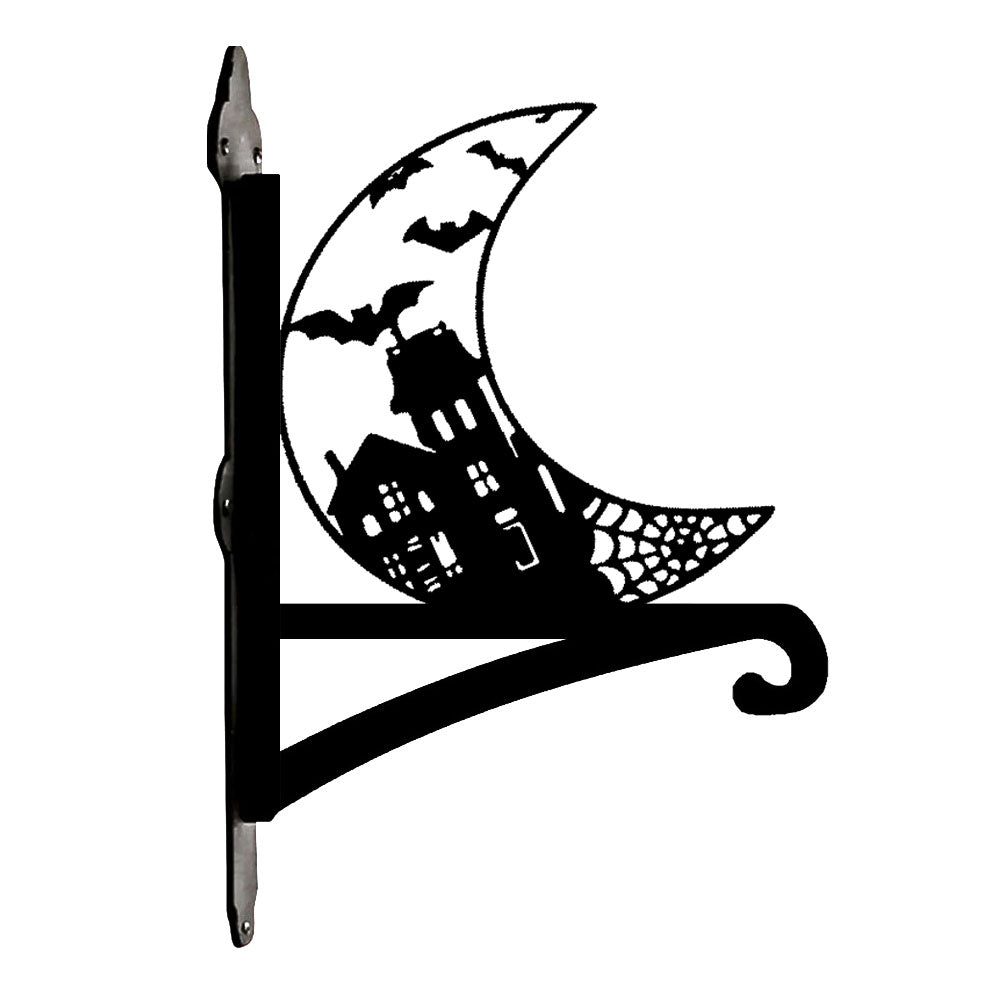 Haunted house and crescent moon metal hanging basket bracket mounted on outdoor wall for plant decoration