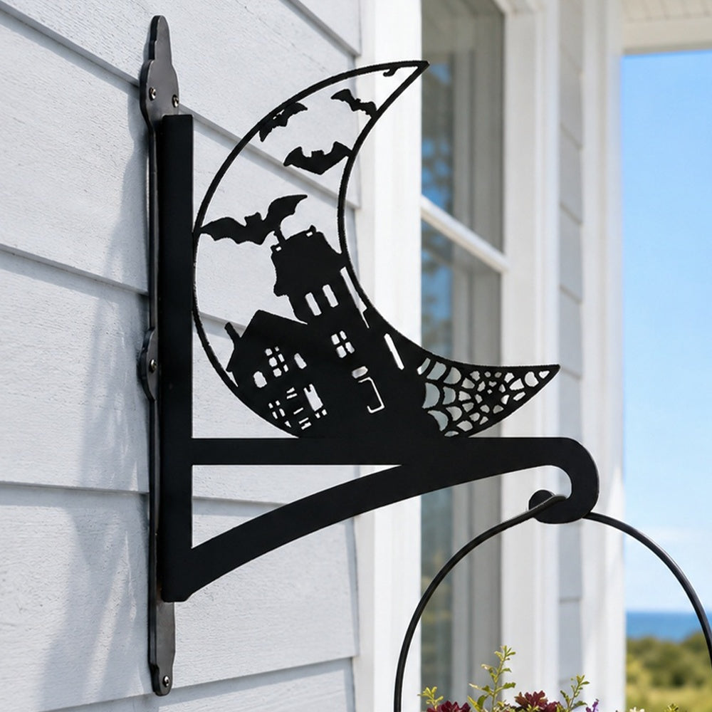 Haunted house and crescent moon metal hanging basket bracket mounted on outdoor wall for plant decoration