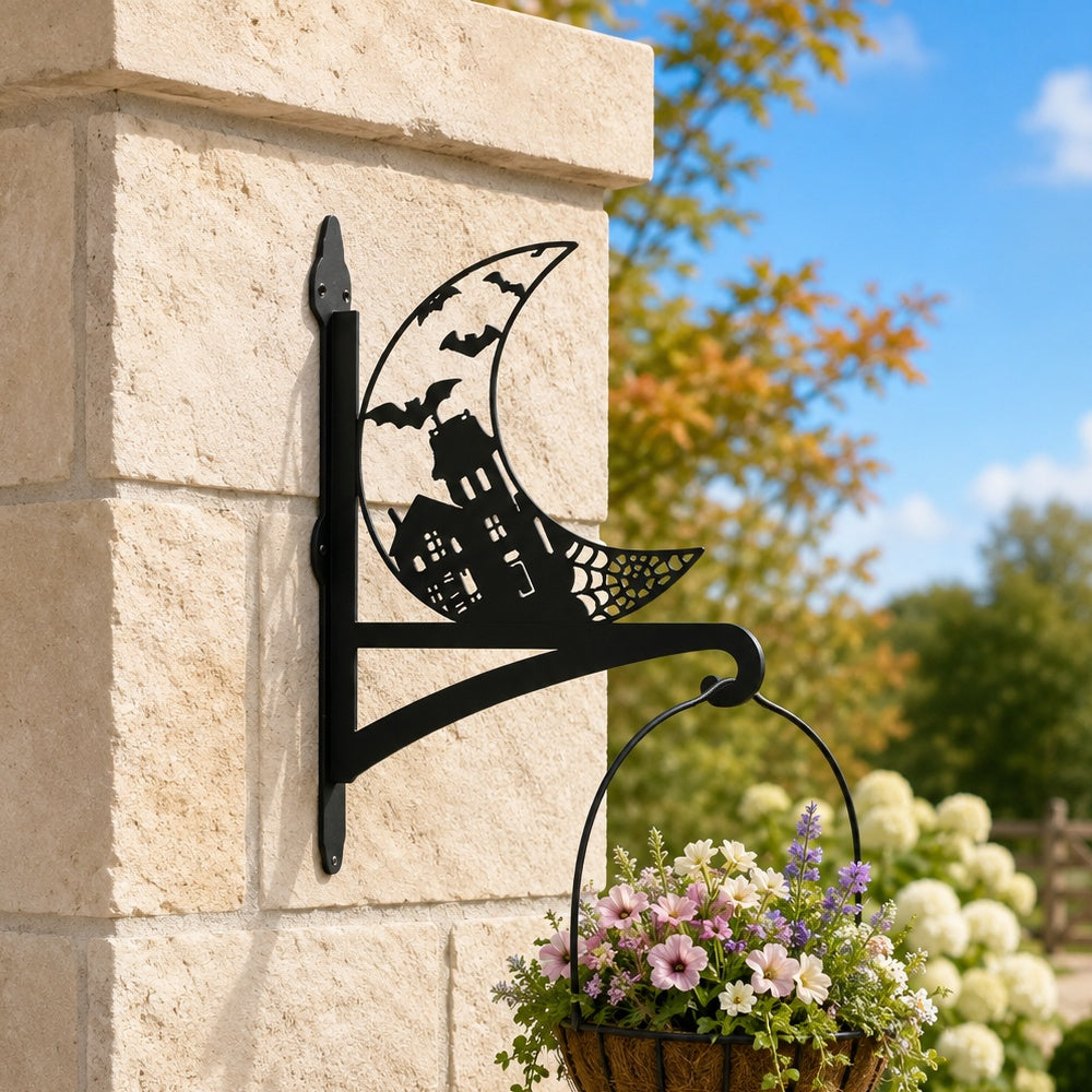 Haunted house and crescent moon metal hanging basket bracket mounted on outdoor wall for plant decoration