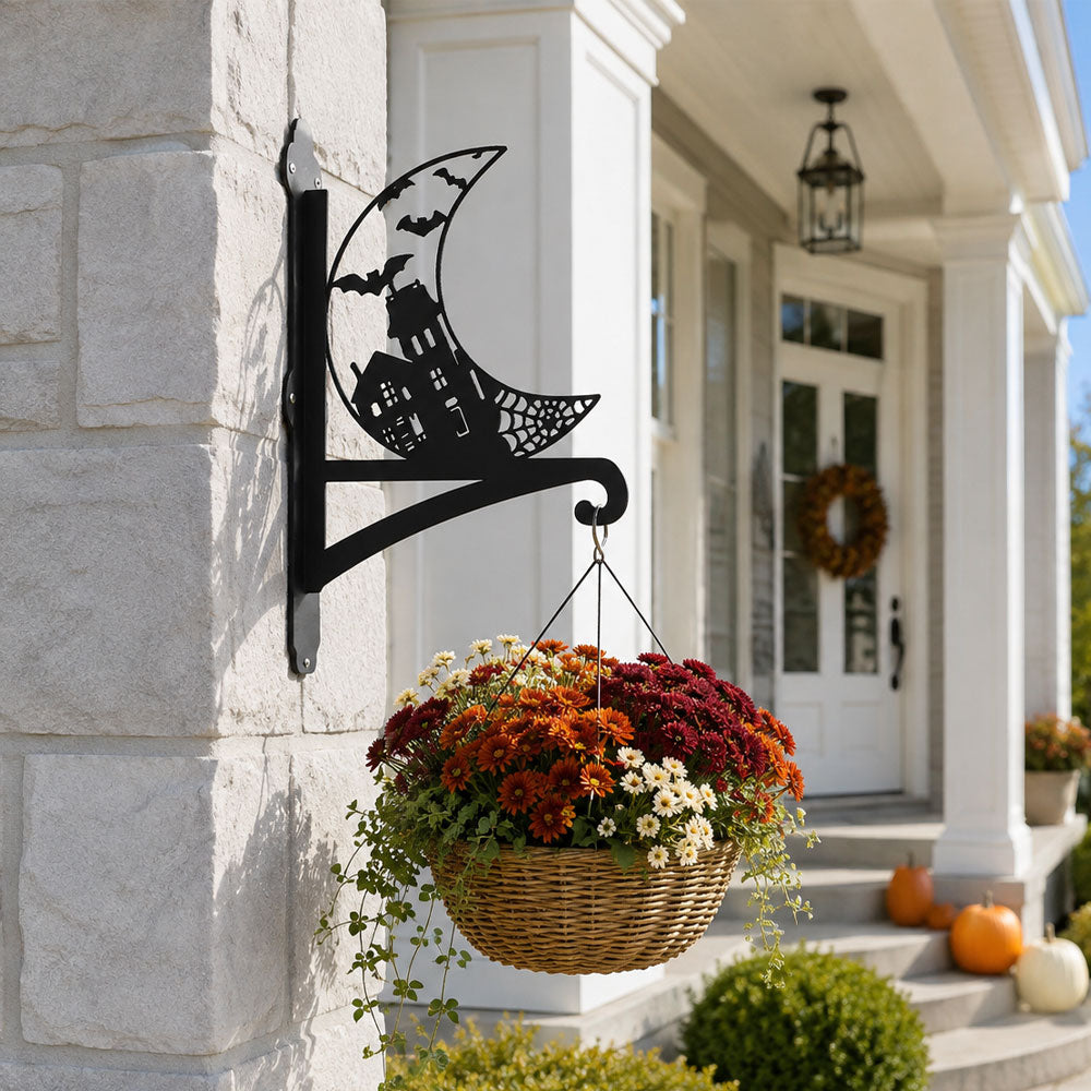 Haunted house and crescent moon metal hanging basket bracket mounted on outdoor wall for plant decoration
