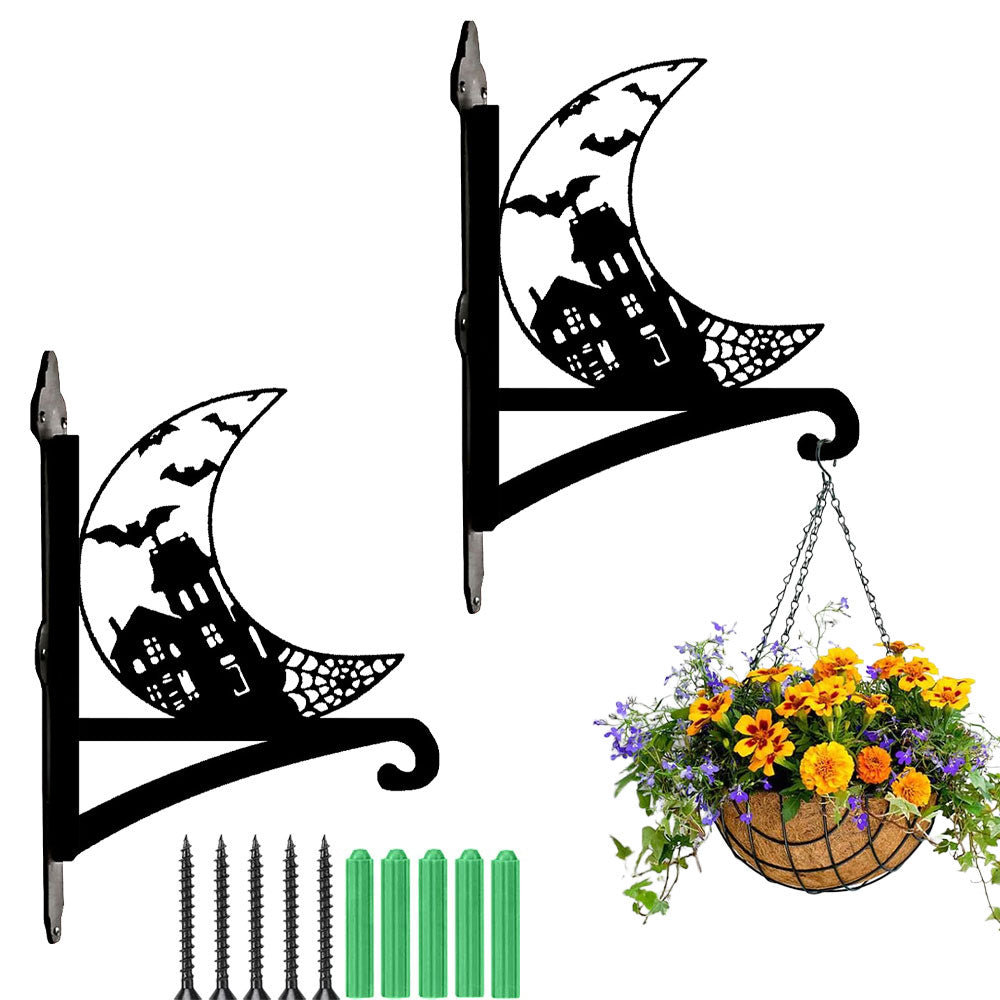 Haunted house and crescent moon metal hanging basket bracket mounted on outdoor wall for plant decoration