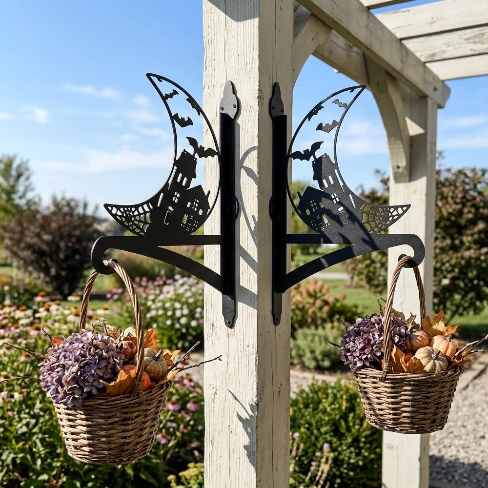 Haunted house and crescent moon metal hanging basket bracket mounted on outdoor wall for plant decoration