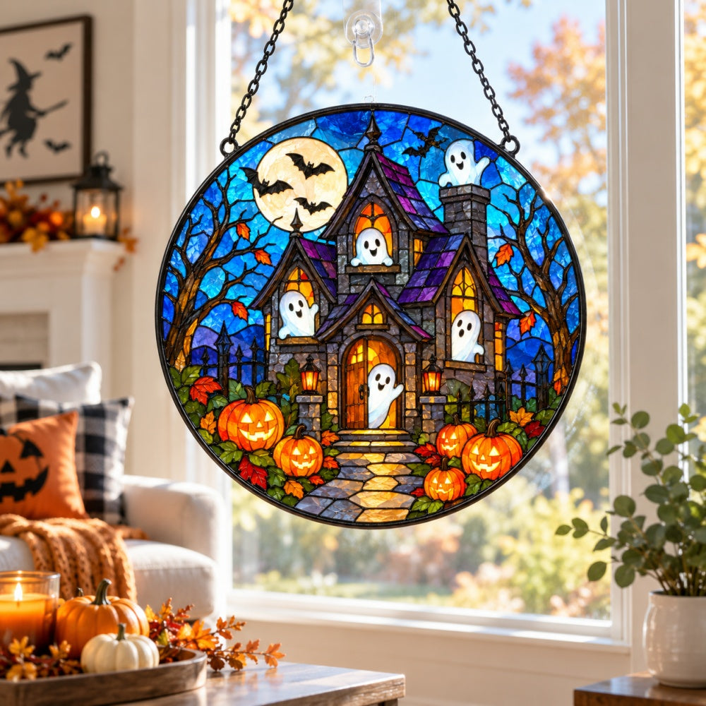 Haunted House Halloween stained glass suncatcher window hanging, suitable for home and garden decoration