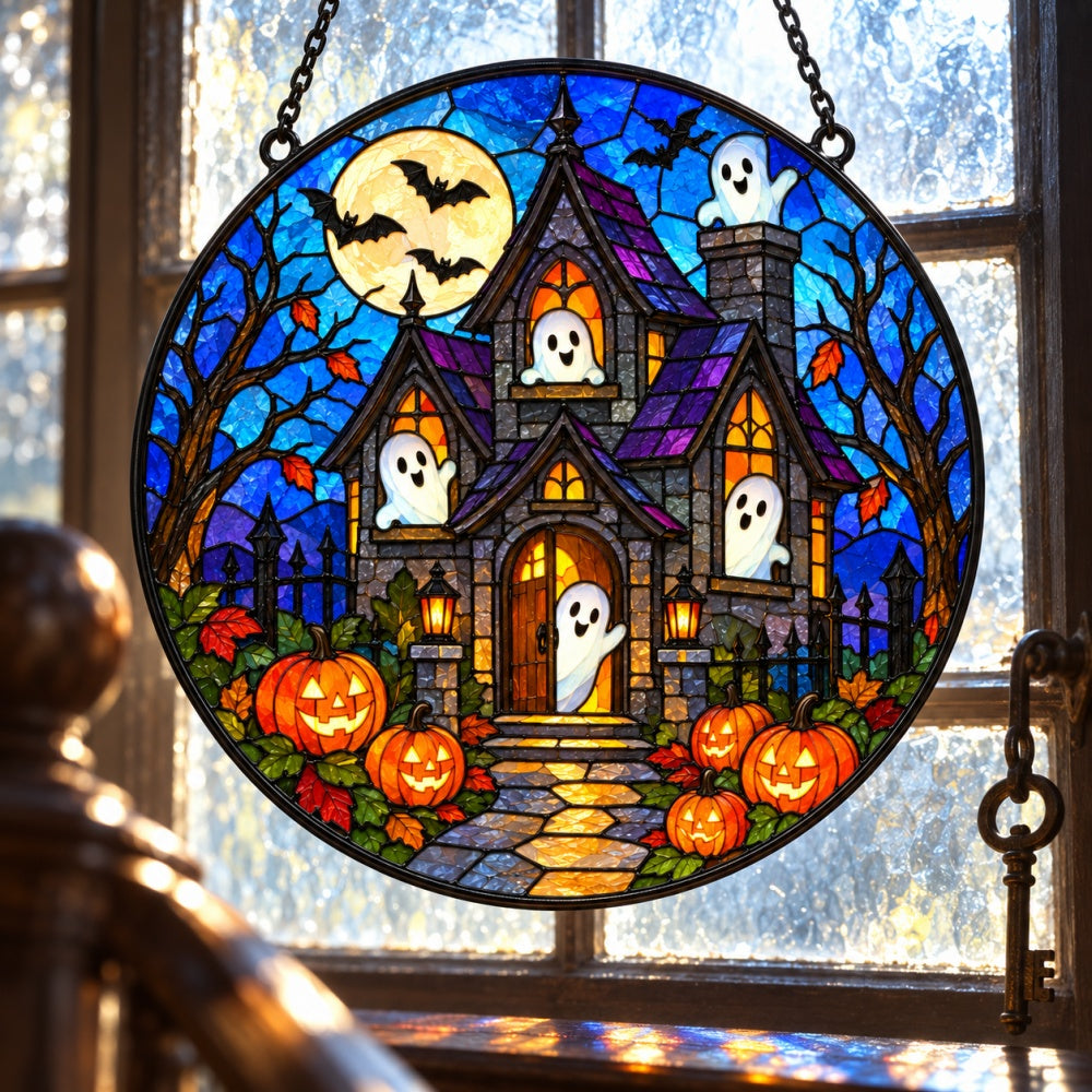 Haunted House Halloween stained glass suncatcher window hanging, suitable for home and garden decoration