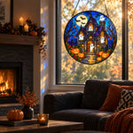 Haunted House Halloween stained glass suncatcher window hanging, suitable for home and garden decoration
