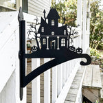 Haunted house metal hanging basket bracket mounted on outdoor wall for plant decoration