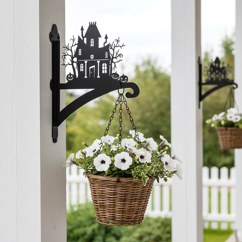 Haunted house metal hanging basket bracket mounted on outdoor wall for plant decoration