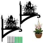 Haunted house metal hanging basket bracket mounted on outdoor wall for plant decoration