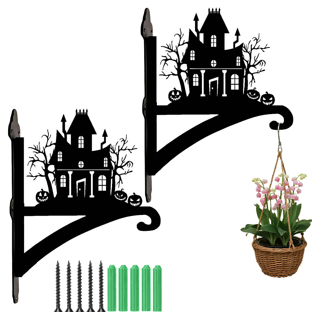 Haunted house metal hanging basket bracket mounted on outdoor wall for plant decoration