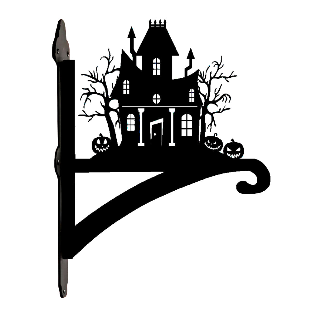 Haunted house metal hanging basket bracket mounted on outdoor wall for plant decoration