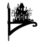 Haunted house metal hanging basket bracket mounted on outdoor wall for plant decoration