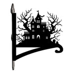 Haunted house metal hanging basket bracket mounted on outdoor wall for plant decoration