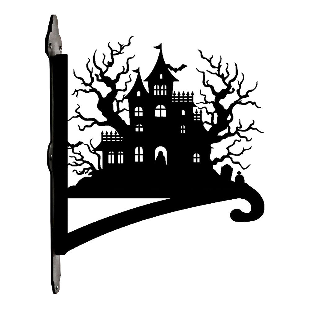 Haunted house metal hanging basket bracket mounted on outdoor wall for plant decoration