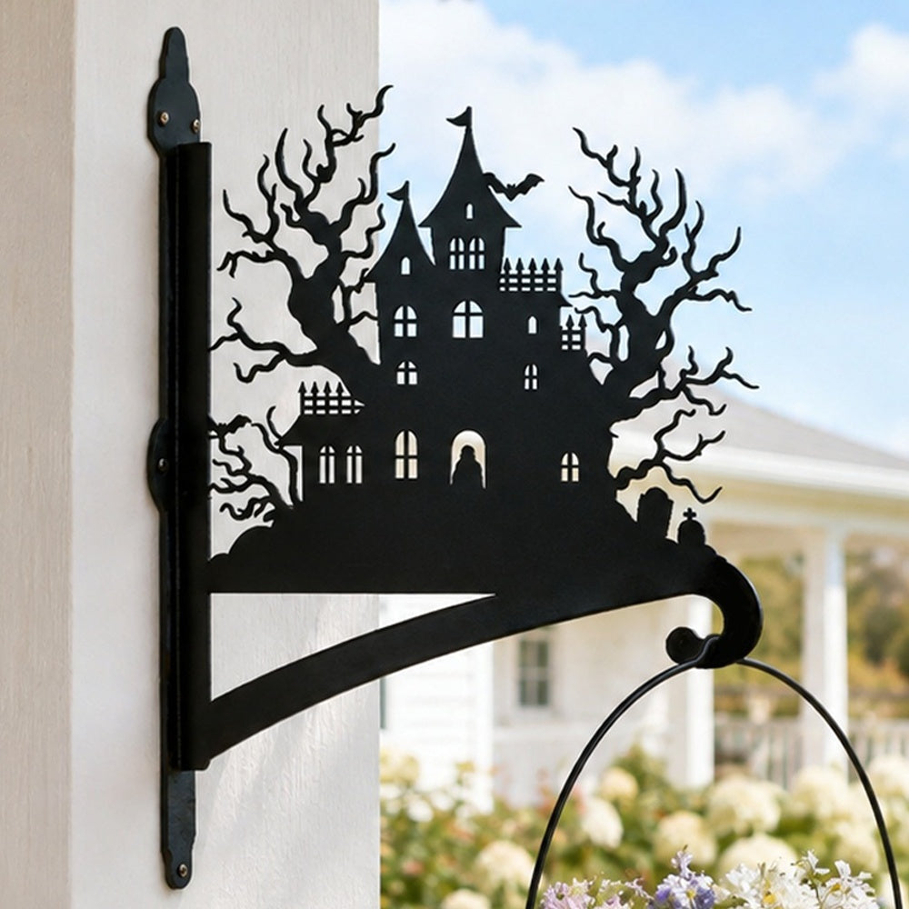 Haunted house metal hanging basket bracket mounted on outdoor wall for plant decoration
