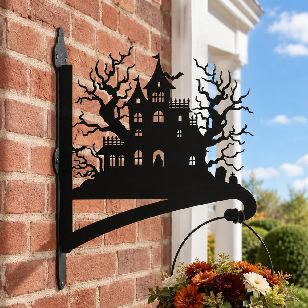 Haunted house metal hanging basket bracket mounted on outdoor wall for plant decoration
