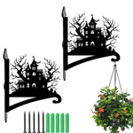 Haunted house metal hanging basket bracket mounted on outdoor wall for plant decoration