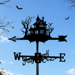 Haunted house metal weather vane with directional arrows and mounting rod, outdoor roof and garden decoration