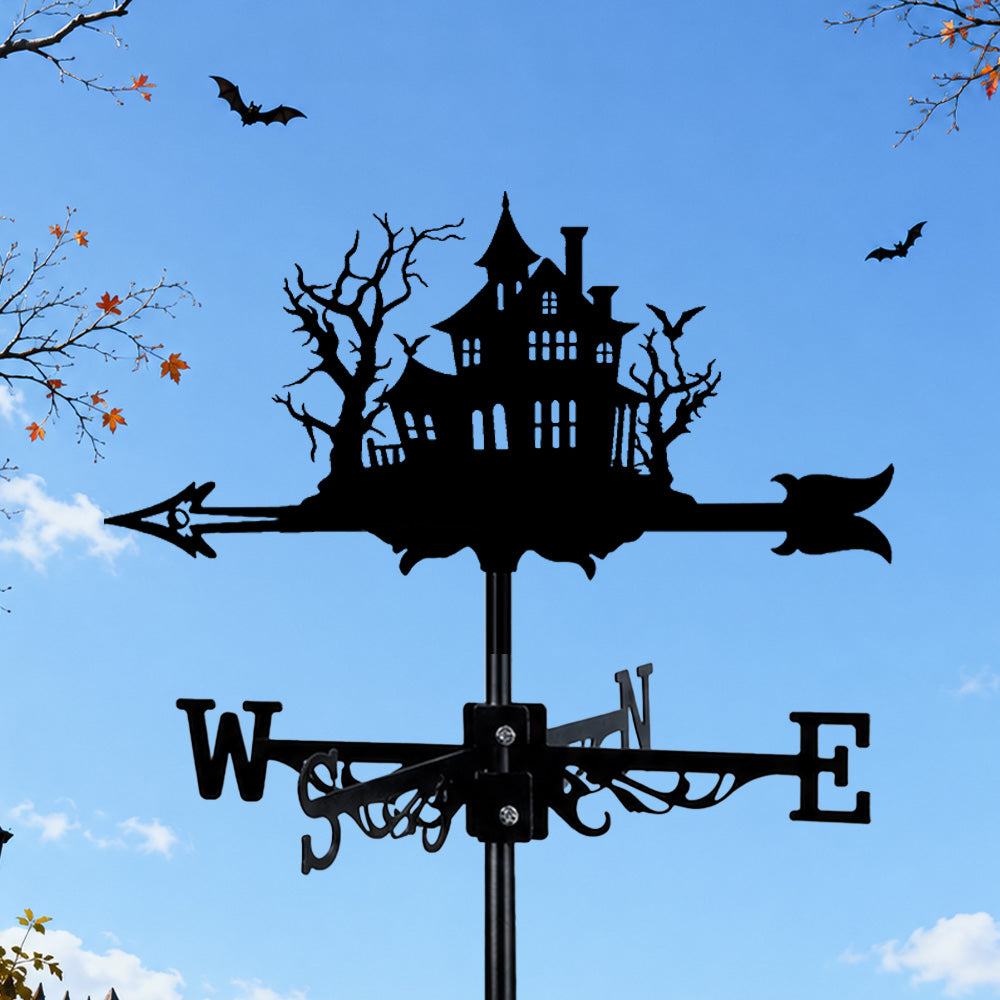 Haunted house metal weather vane with directional arrows and mounting rod, outdoor roof and garden decoration