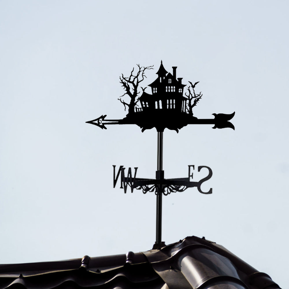 Haunted house metal weather vane with directional arrows and mounting rod, outdoor roof and garden decoration