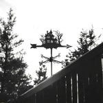 Haunted house metal weather vane with directional arrows and mounting rod, outdoor roof and garden decoration