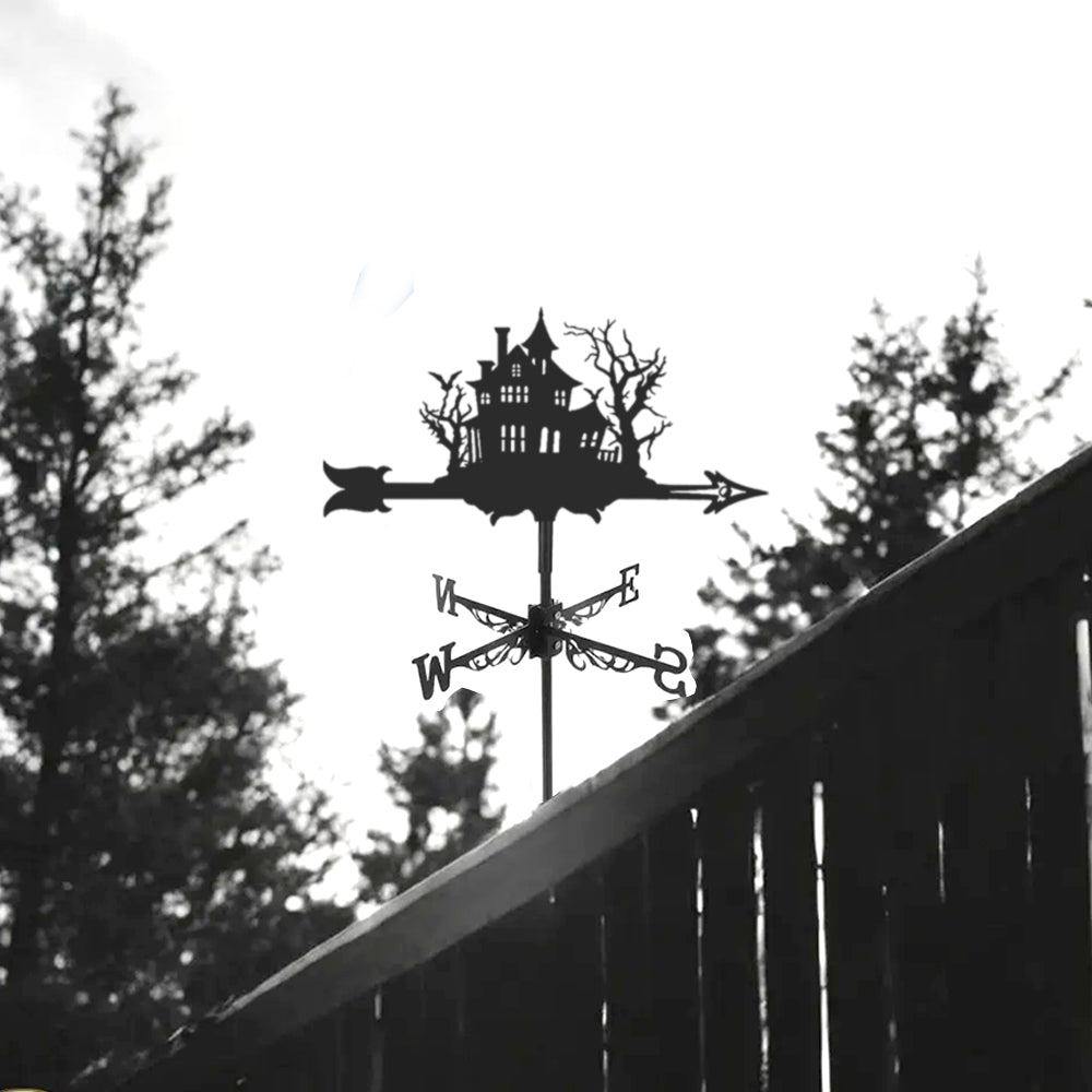 Haunted house metal weather vane with directional arrows and mounting rod, outdoor roof and garden decoration
