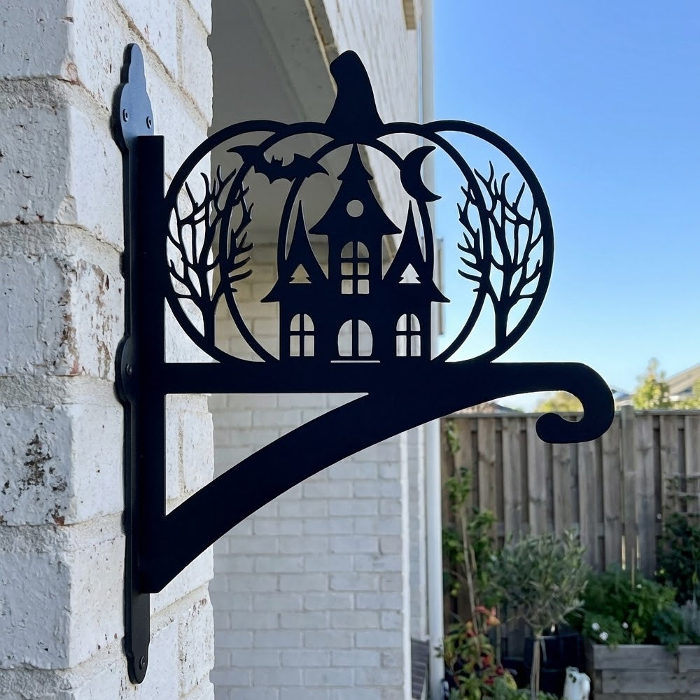 Haunted pumpkin castle metal hanging basket bracket mounted on outdoor wall for plant decoration