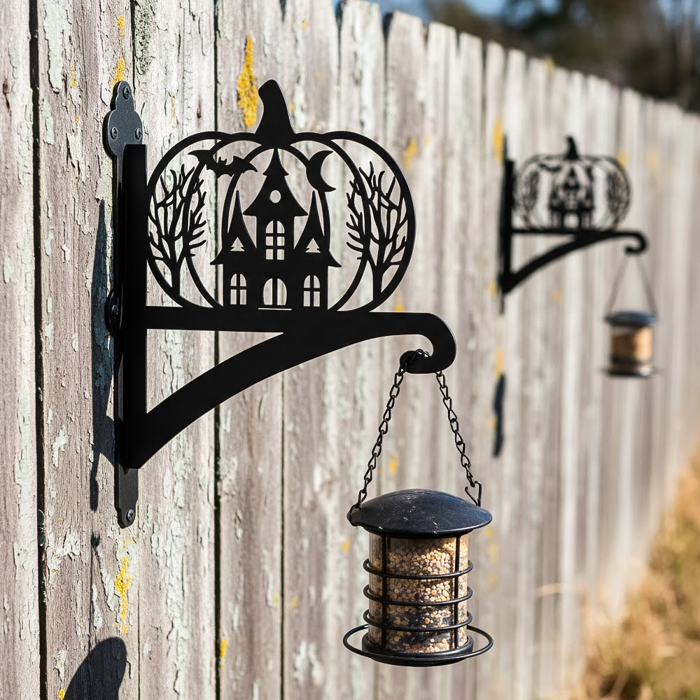 Haunted pumpkin castle metal hanging basket bracket mounted on outdoor wall for plant decoration