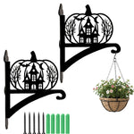Haunted pumpkin castle metal hanging basket bracket mounted on outdoor wall for plant decoration