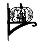 Haunted pumpkin castle metal hanging basket bracket mounted on outdoor wall for plant decoration