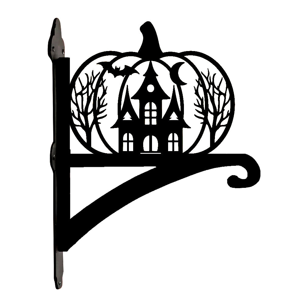 Haunted pumpkin castle metal hanging basket bracket mounted on outdoor wall for plant decoration