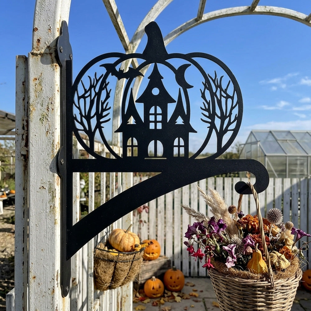 Haunted pumpkin castle metal hanging basket bracket mounted on outdoor wall for plant decoration