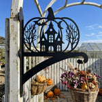 Haunted pumpkin castle metal hanging basket bracket mounted on outdoor wall for plant decoration