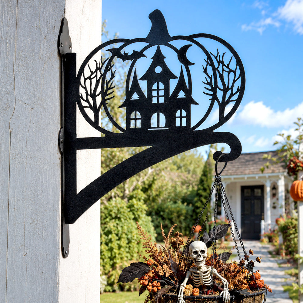 Haunted pumpkin castle metal hanging basket bracket mounted on outdoor wall for plant decoration