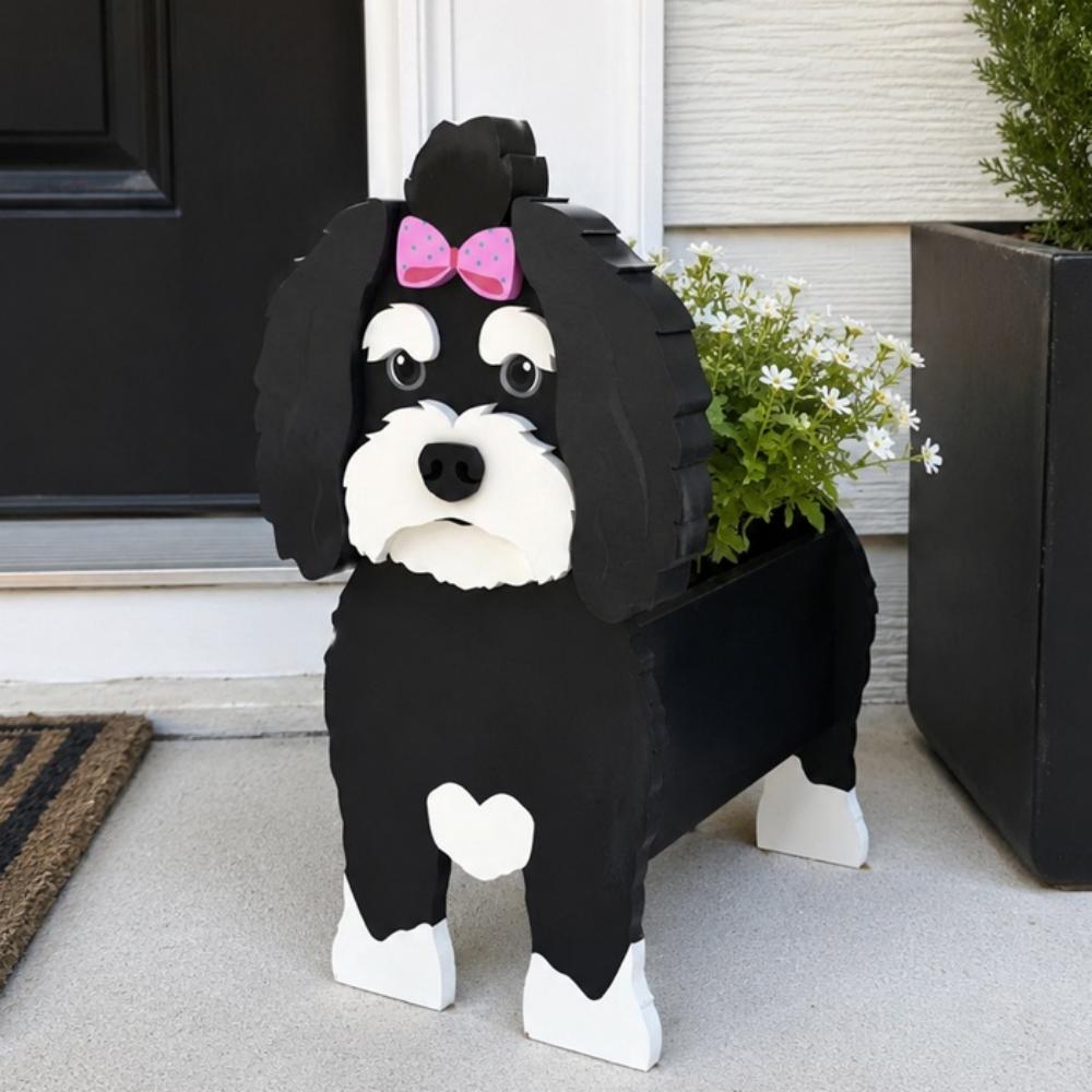 Havanese dog planter filled with fresh flowers is placed in the garden