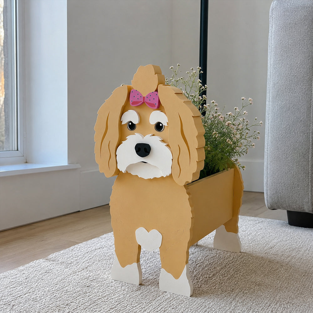 Havanese dog planter filled with fresh flowers is placed in the room