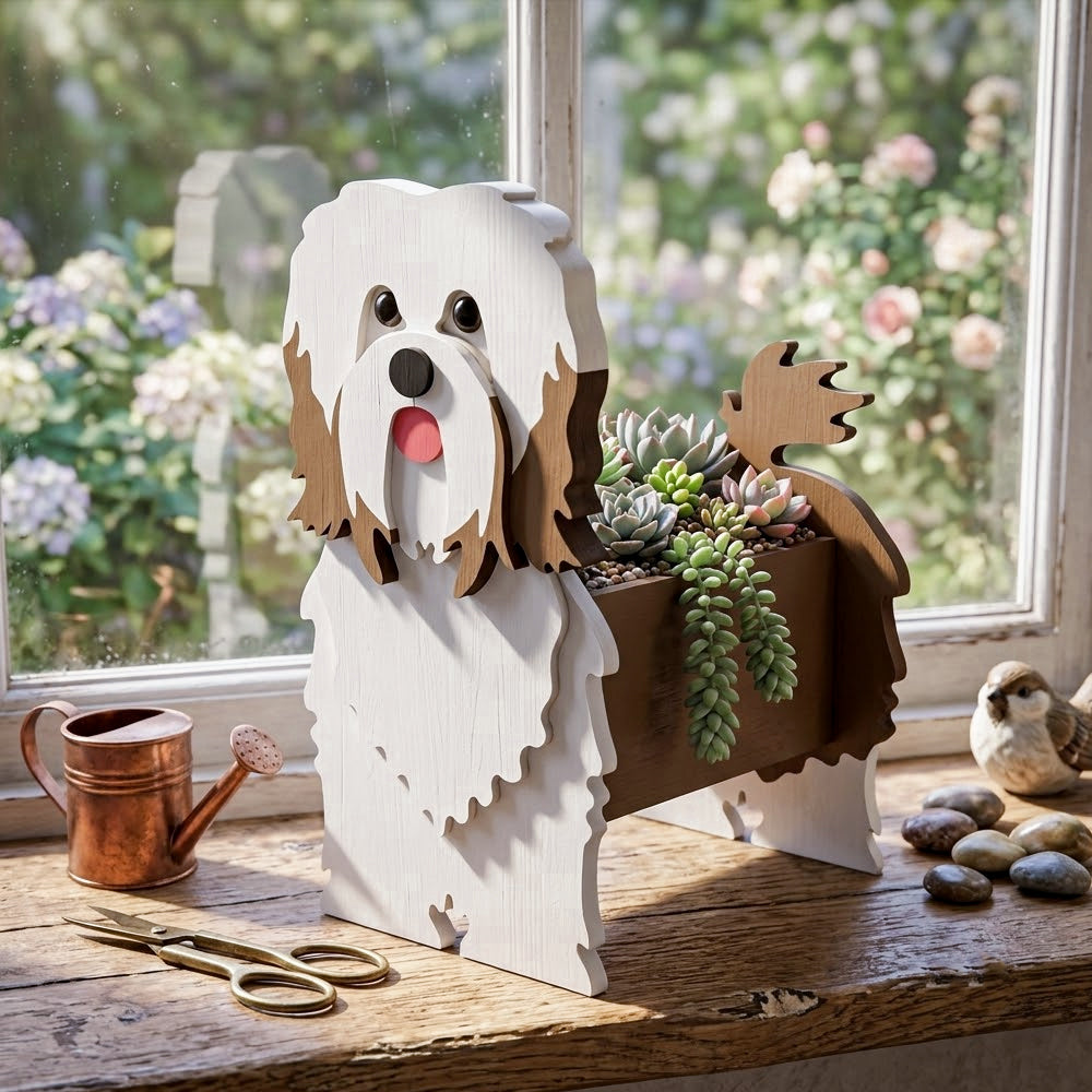 Havanese dog planter filled with fresh flowers is placed in the room