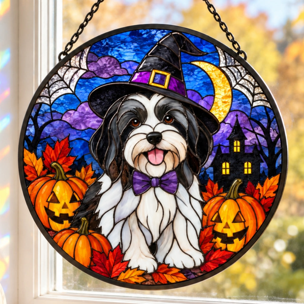 Havanese Halloween stained glass suncatcher window hanging, suitable for home and garden decoration