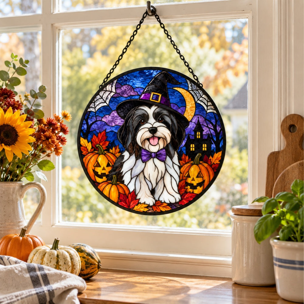 Havanese Halloween stained glass suncatcher window hanging, suitable for home and garden decoration