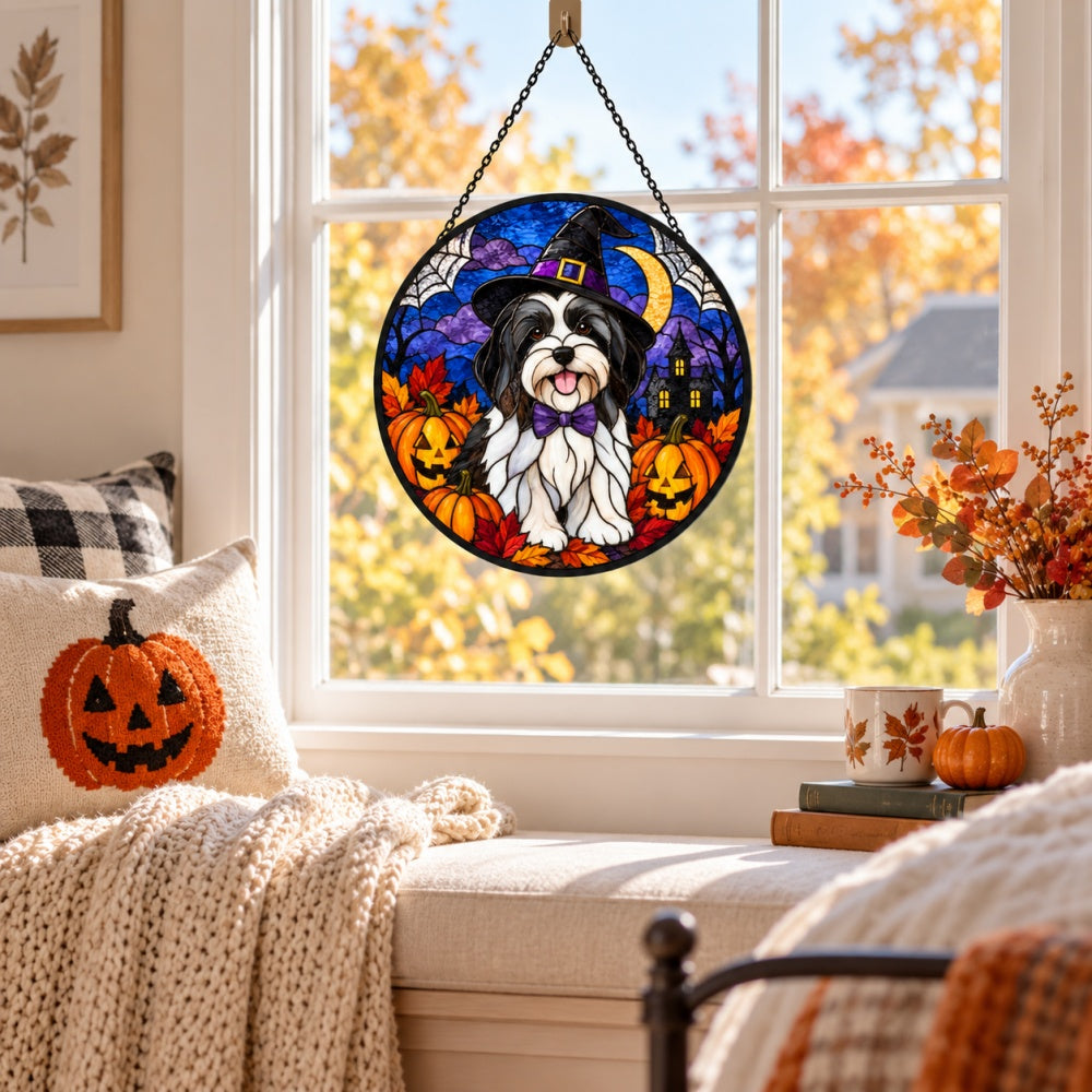 Havanese Halloween stained glass suncatcher window hanging, suitable for home and garden decoration
