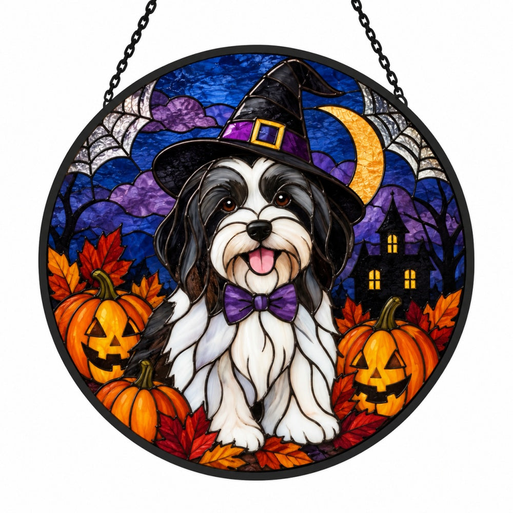 Havanese Halloween stained glass suncatcher window hanging, suitable for home and garden decoration