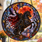 Headless Horseman Halloween stained glass suncatcher window hanging, suitable for home and garden decoration