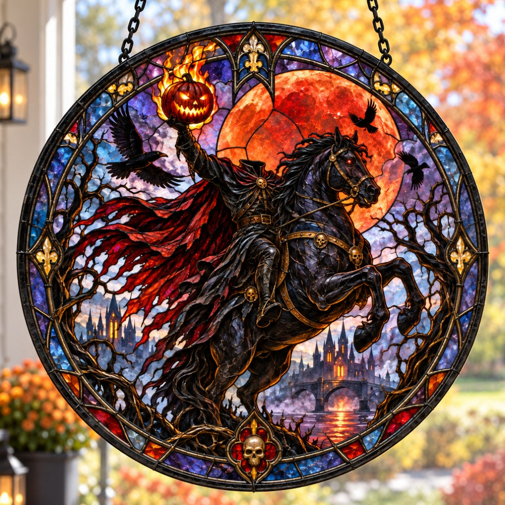 Headless Horseman Halloween stained glass suncatcher window hanging, suitable for home and garden decoration